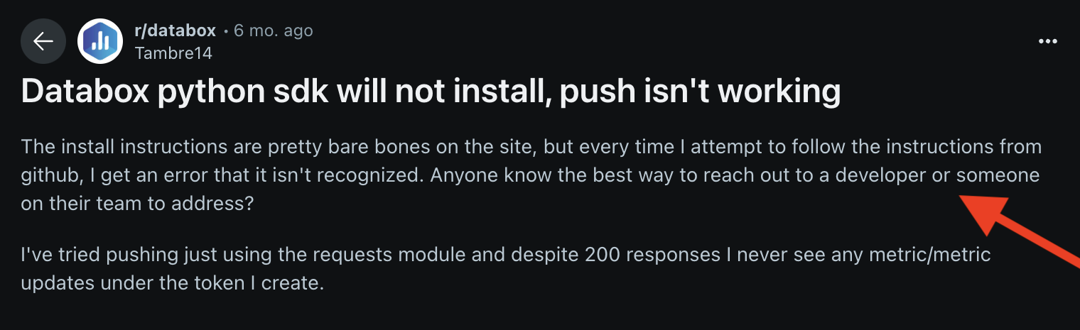 Datadox Subreddit Help - Reddit post asking for help with the databox python SDK.