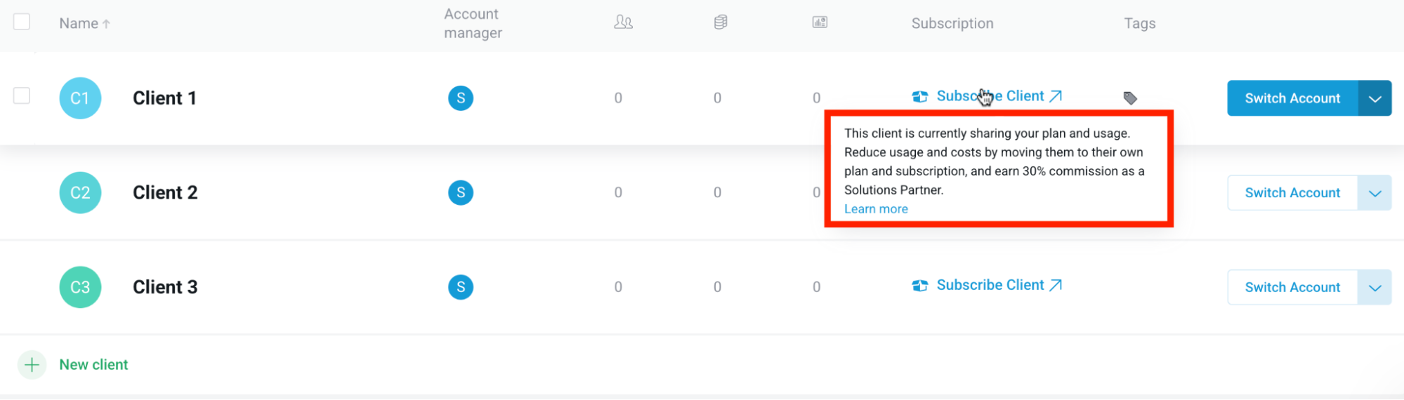 Subscribe Client Button - Client subscription options, including explanation popup and switch account button.