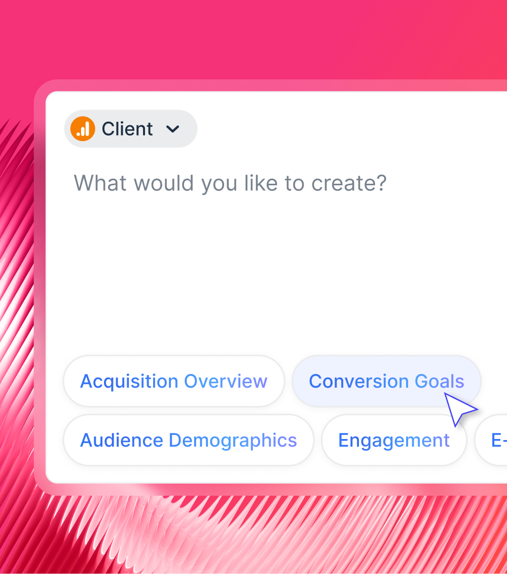 Designed For Marketers - Options menu with 'Client' dropdown, 'Acquisition Overview', 'Conversion Goals', etc.
