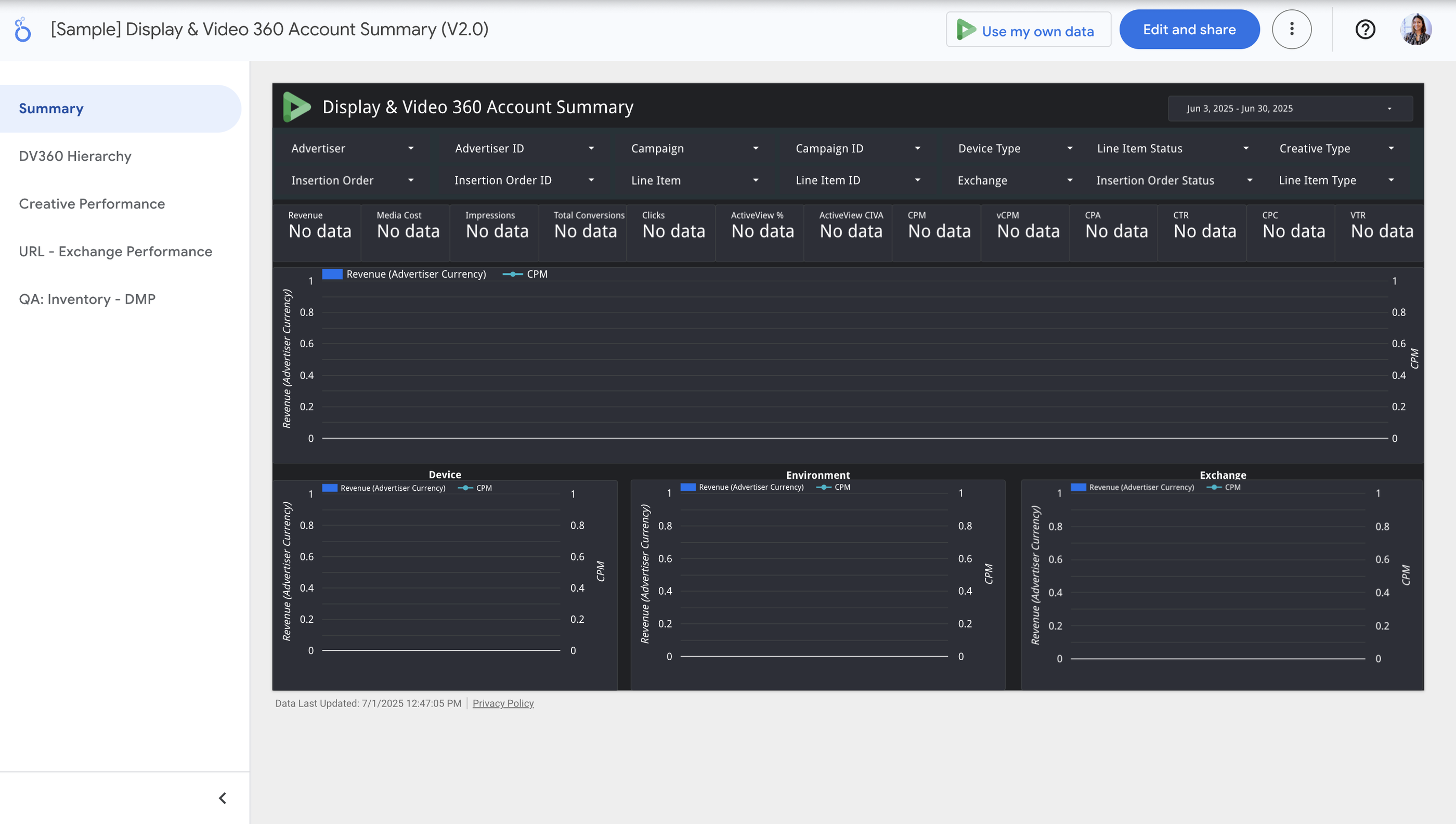 Display & Video 360 Report Template - Screenshot of a data analytics dashboard with charts and filters.