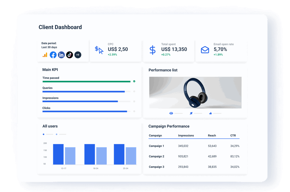 Dive Deep Into Specific Campaigns Or Channels - A client dashboard displays KPIs, campaign performance, and user demographics.