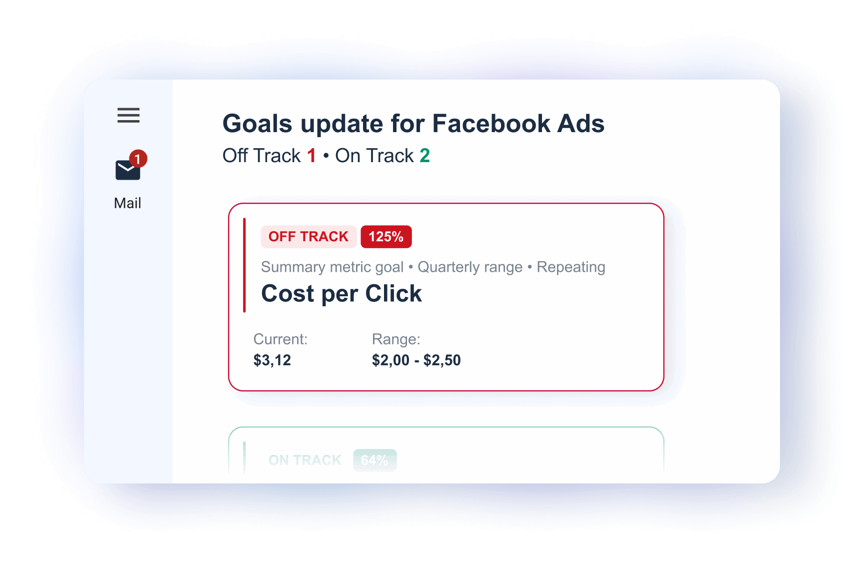 Email Alerts - Interface showing Facebook Ads goals with cost per click information.