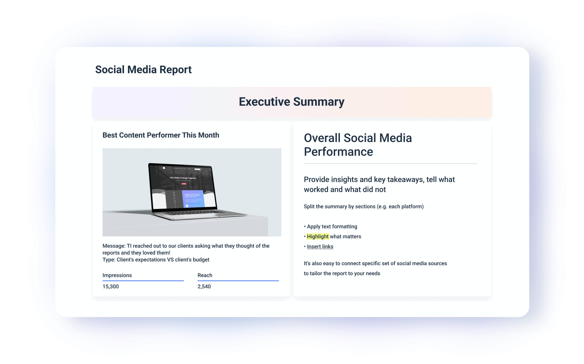 Executive Summary - A social media report with executive summary section.