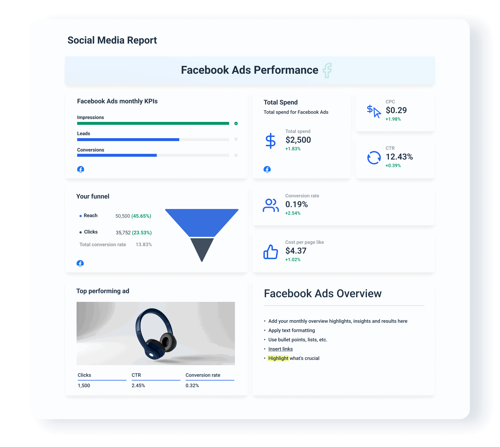 Facebook Ads Performance - A social media report showing key metrics and performance overview.