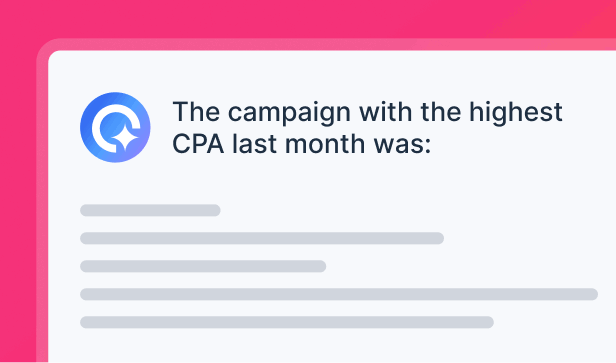 Features Designed - A data display with the text "The campaign with the highest CPA last month was:"