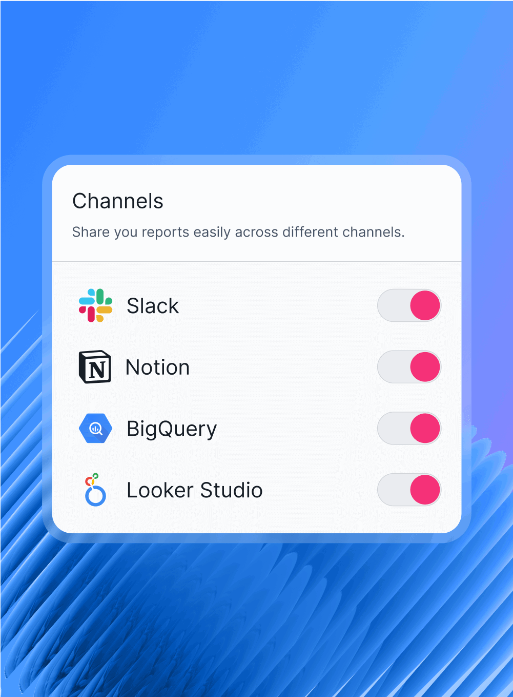Features List Share Mobile - A menu shows sharing options for Slack, Notion, BigQuery, and Looker Studio.