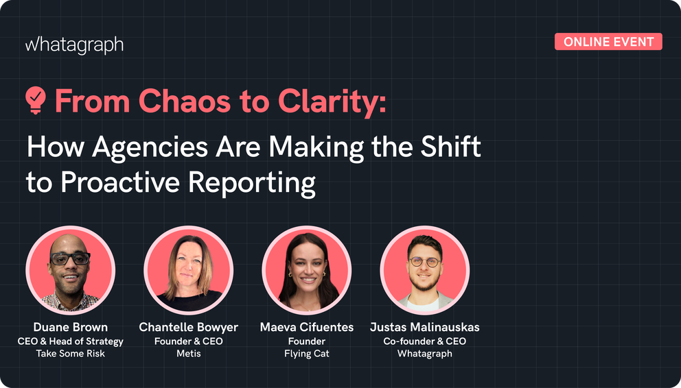 From Chaos To Clarity - Event promo featuring title, speakers, and company logos on a dark grid background.