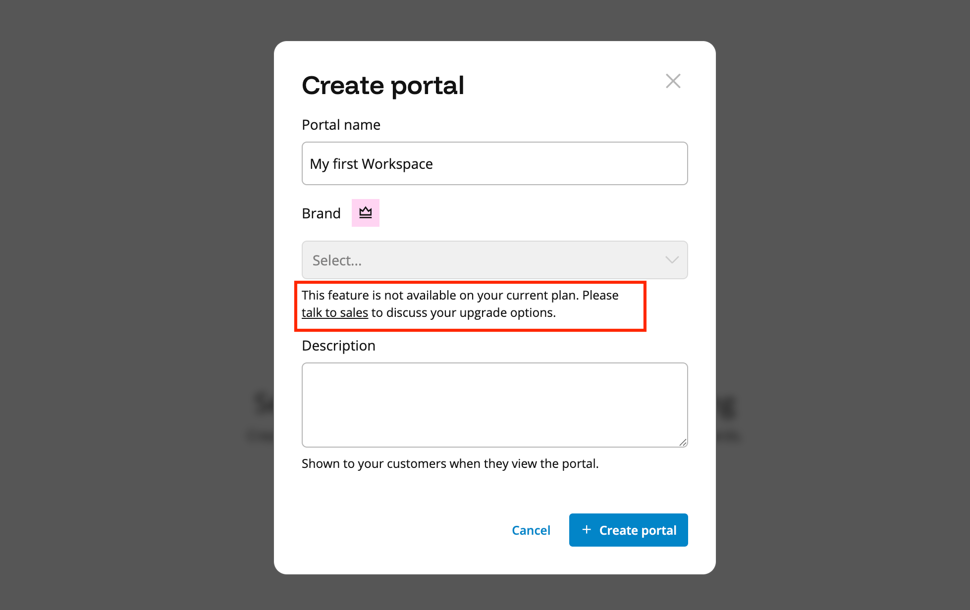 Funnel Custom Branding - Portal creation window with error message about unavailable feature.