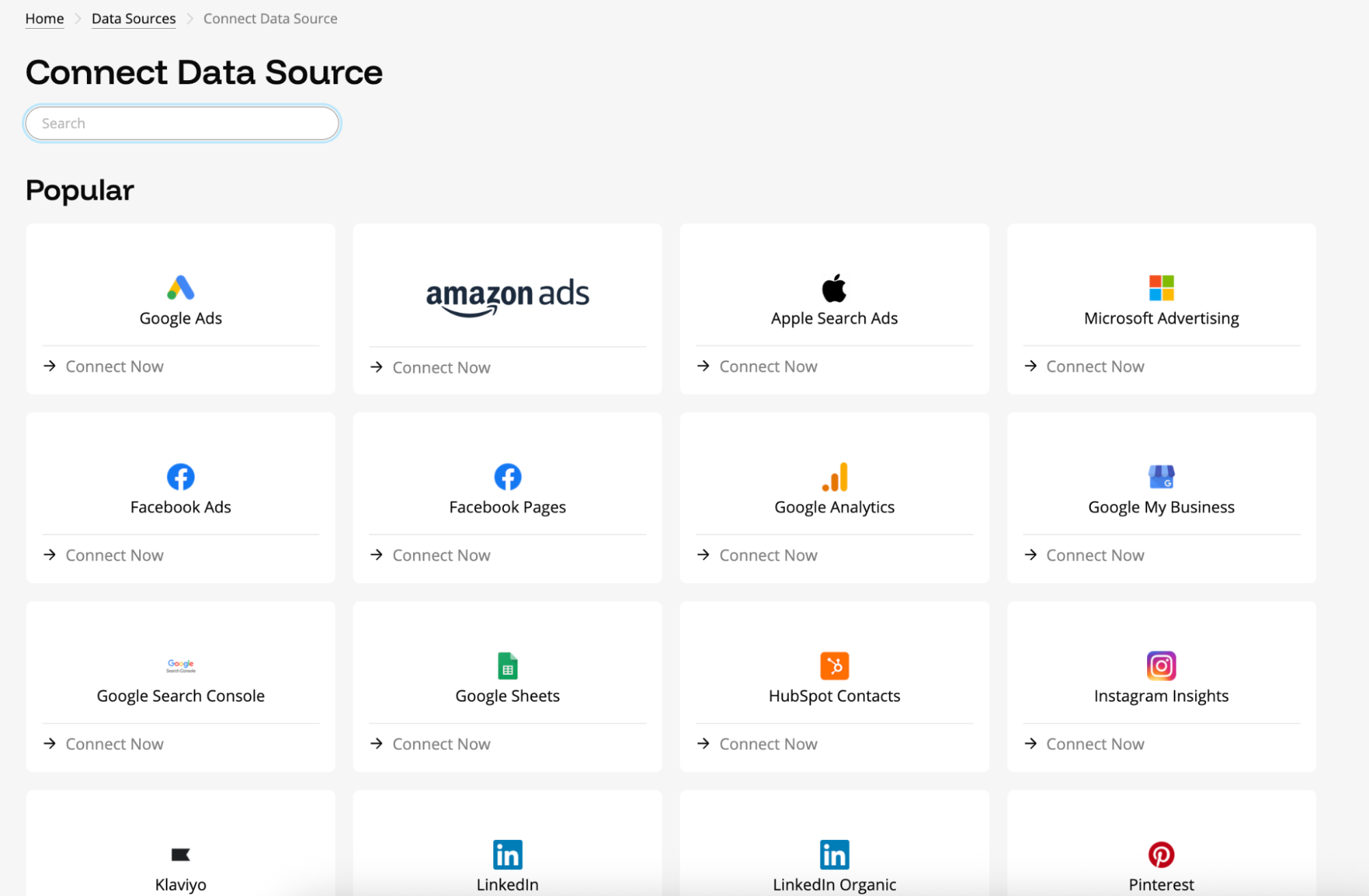 Funnel Data Sources - Data source options including Google Ads, Facebook, and LinkedIn.