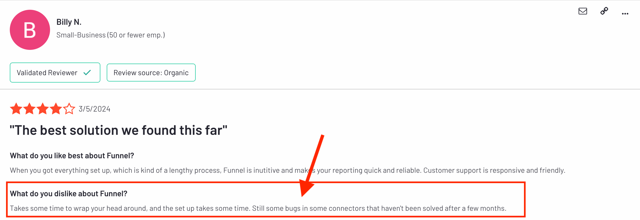 Funnel Io Review - A user review highlighting dislikes about Funnel with an arrow pointing towards text.