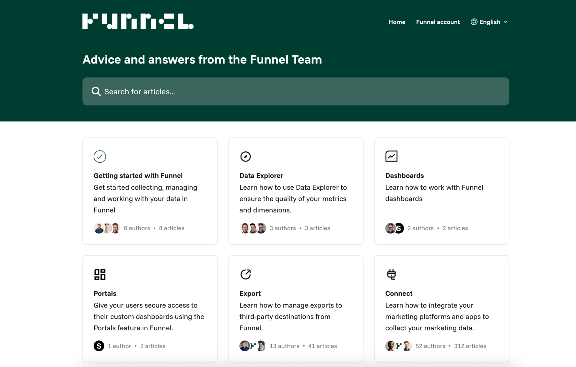 Funnel Knowledge Base - Website with search bar and articles about Funnel.