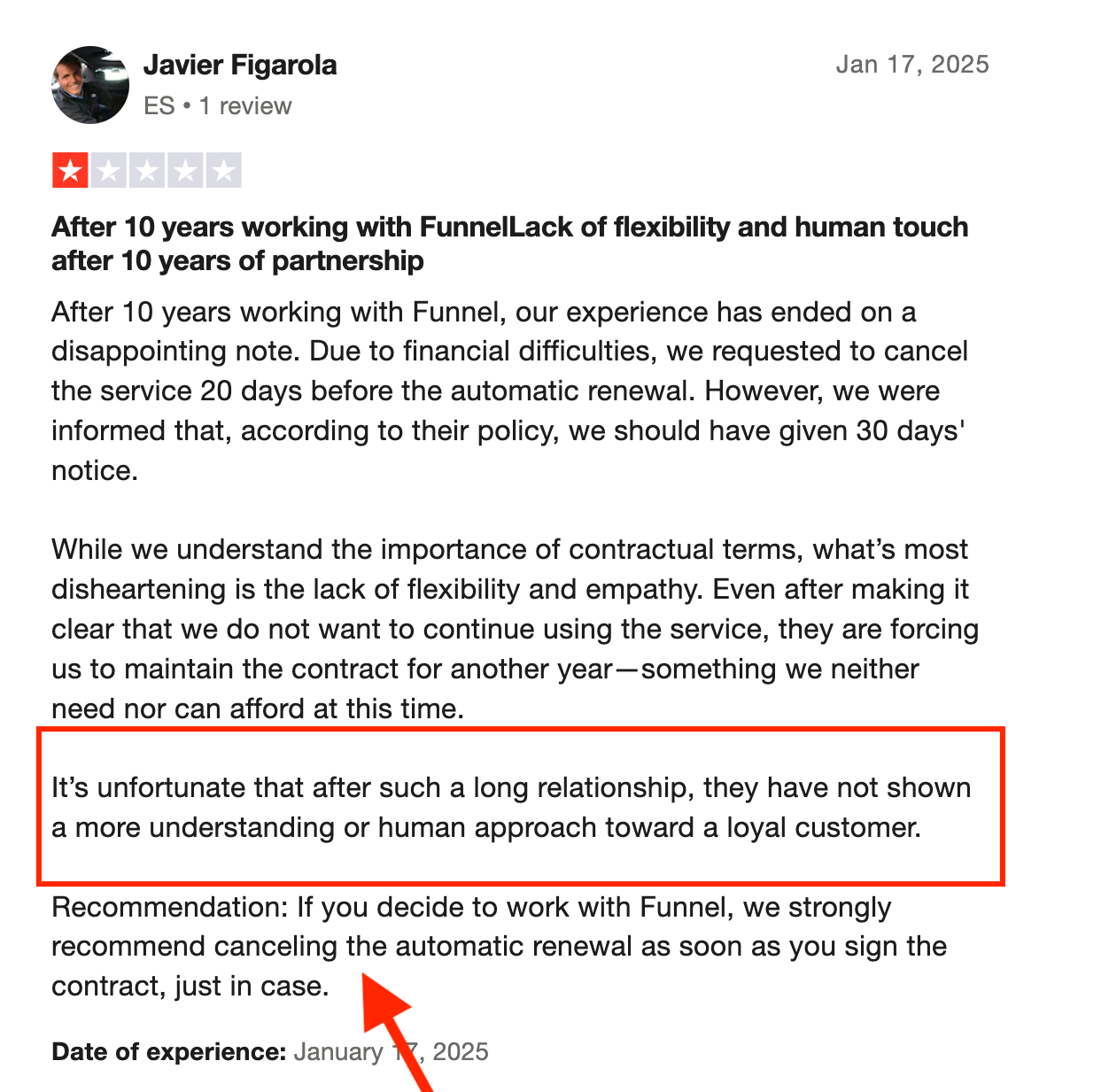 Funnel Negative Review - Online review with one star and negative comments about a company.