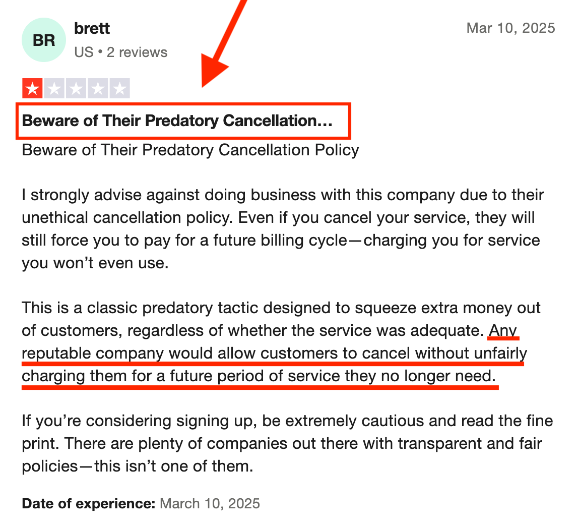 Funnel Negative Review - Screen shot of negative online review.
