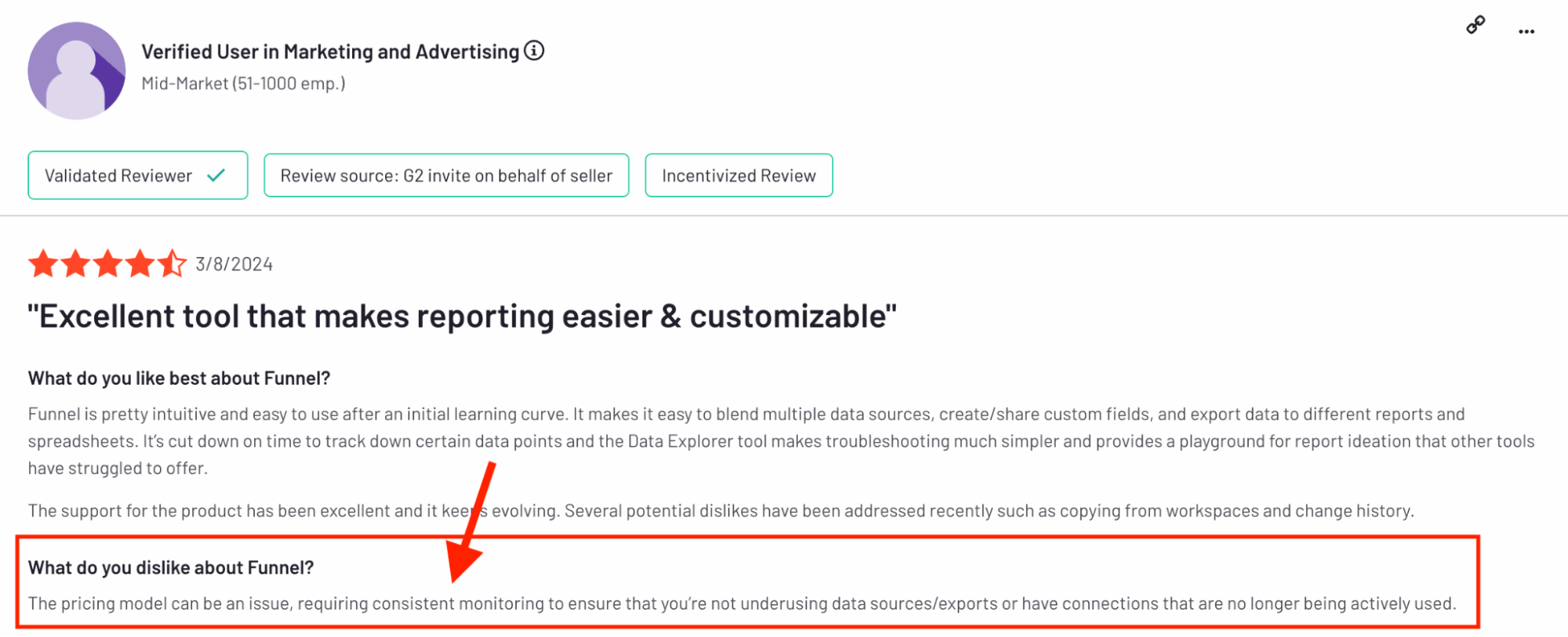 Funnel Negative Review - A customer review highlighting areas for improvement.
