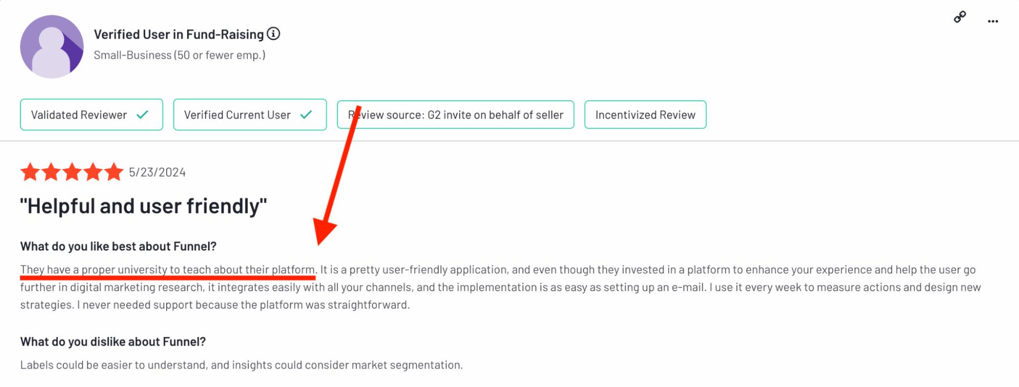 Funnel Positive Review - User review of Funnel with 5 stars, text, and green verification badges.