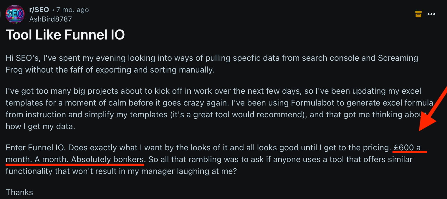 Funnel Pricing - Reddit post discussing Funnel IO pricing as too expensive.