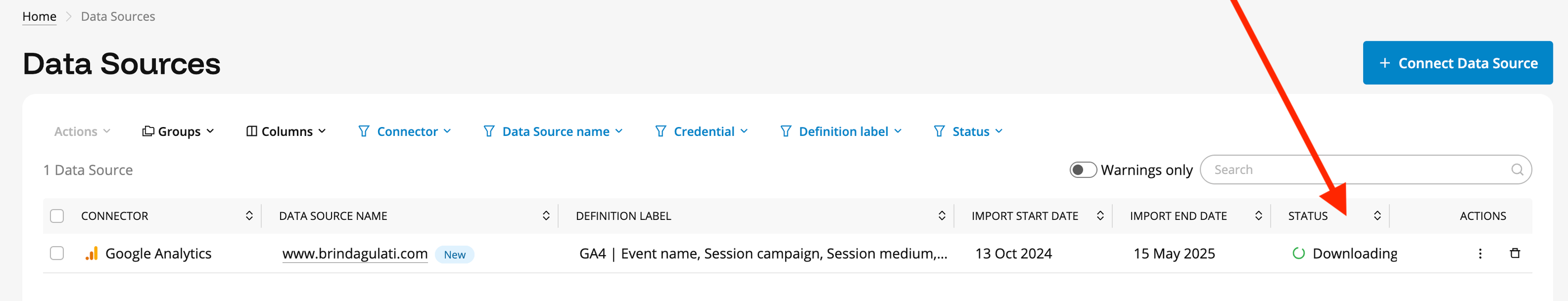 Funnel Pull Data - A data sources table with various columns and one row displayed.