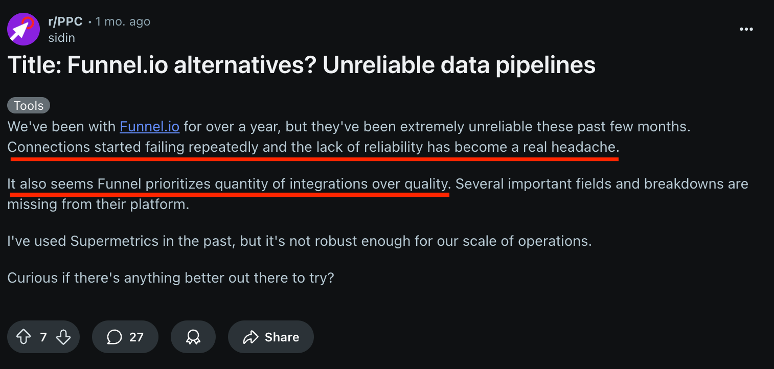 Funnel Review Reddit Negative - Screenshot of a Reddit post about Funnel.io alternatives.
