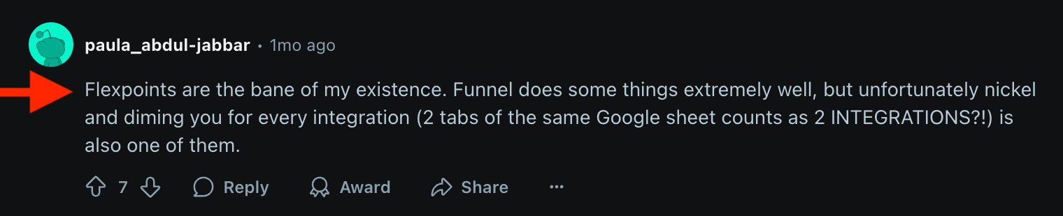 Funnel Review Reddit Negative - Reddit comment with user icon and text about Flexpoints.