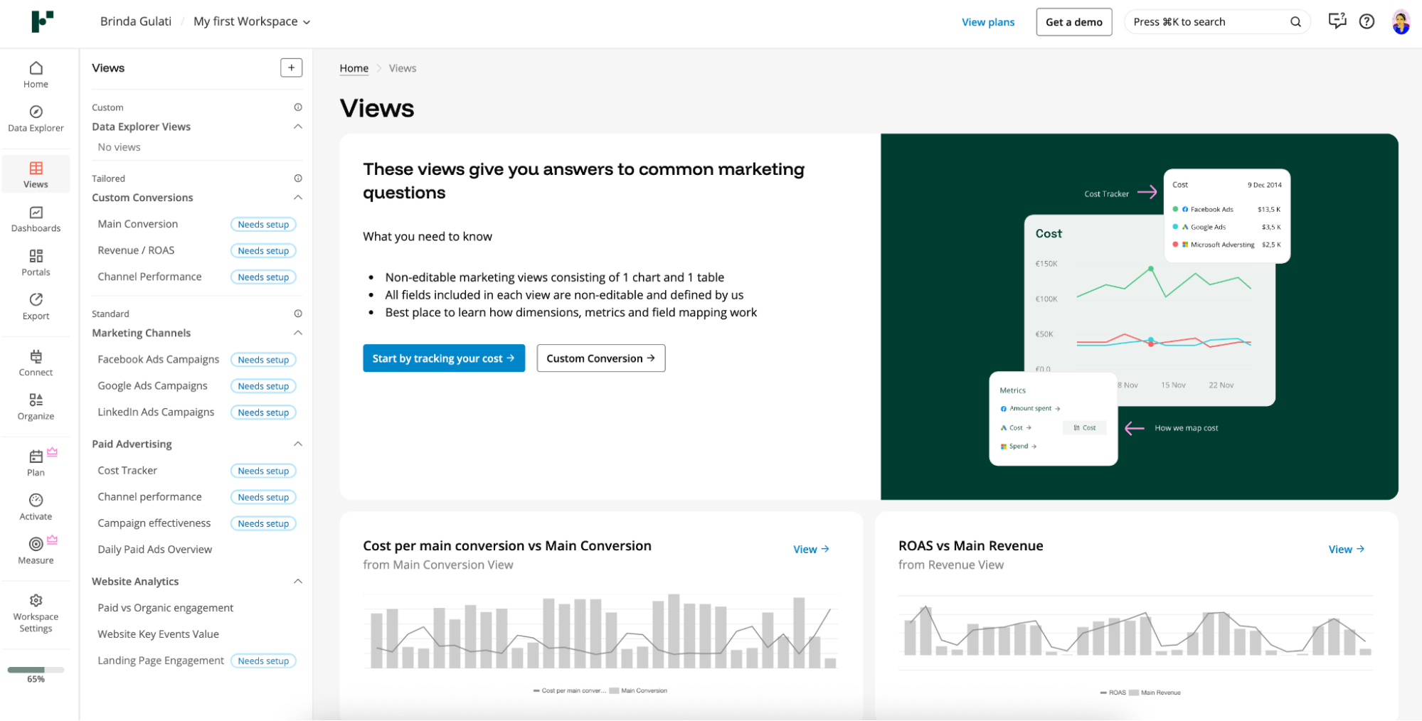 Views - Screenshot of a business dashboard with charts and setup options.