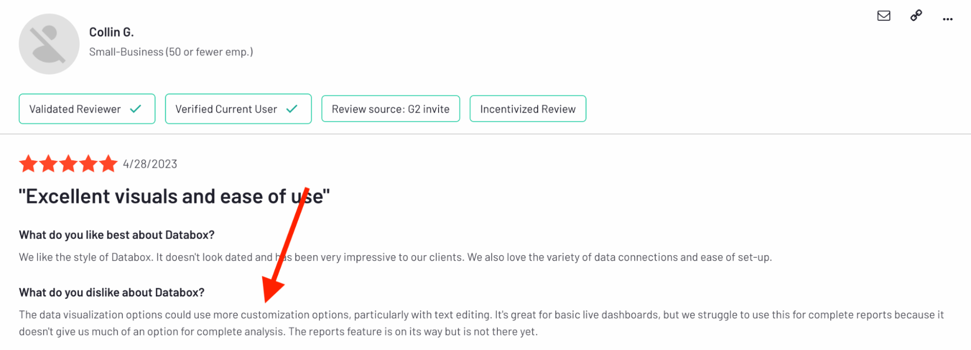 G2 Databox Review - Customer review of Databox, highlighting likes and dislikes.