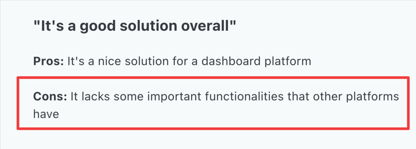 Geckoboard Comment - Pros and cons list with a quote at the top