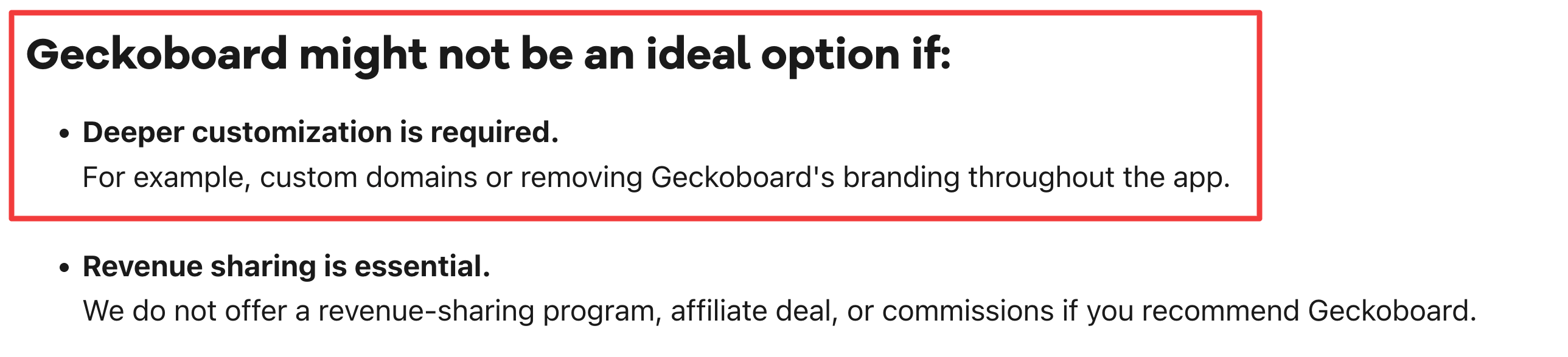 Geckoboard Comment - Text in a red box lists reasons why Geckoboard might not be ideal.
