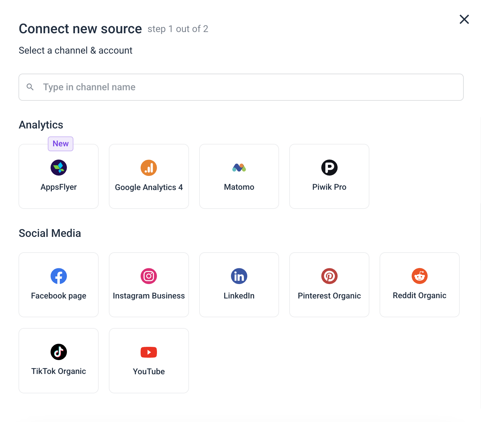 Whatagraph Connect New Source - Options for connecting to different data sources.