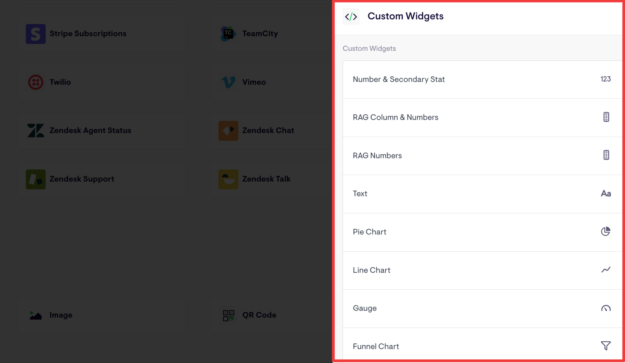 Geckoboard Custom Widgets - A menu of custom widgets showing chart and text options.