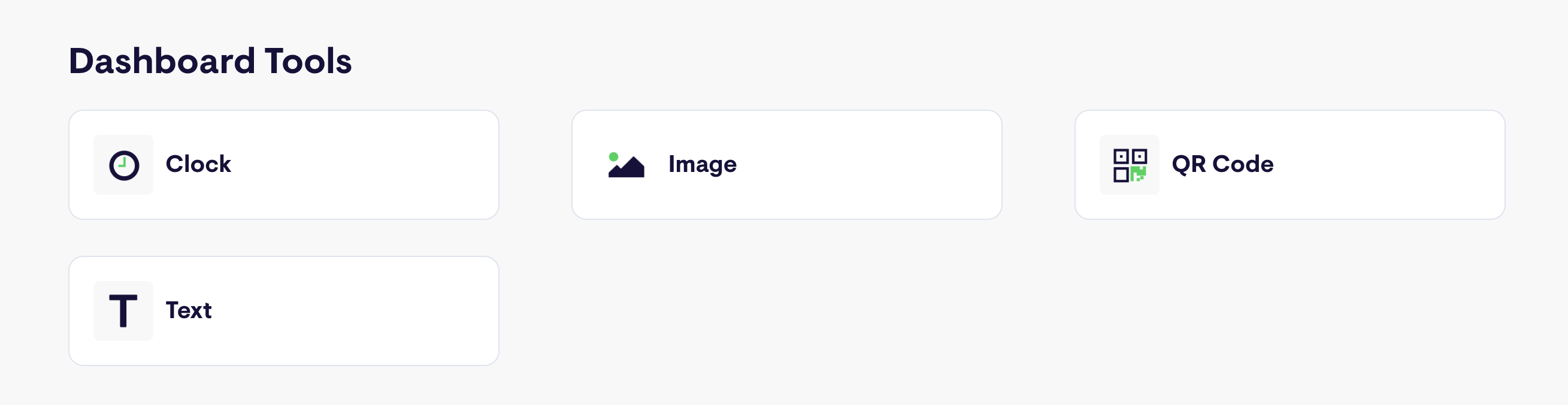 Dashboard Tools - Dashboard tools including a clock, image, QR code and text options.