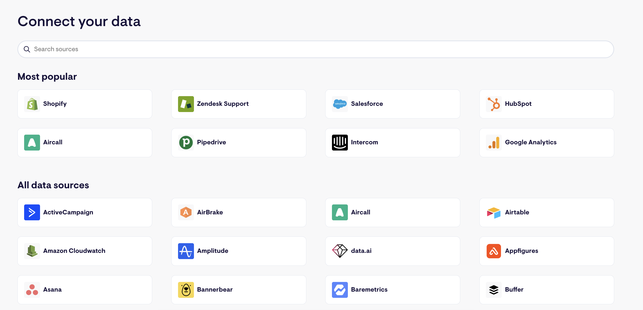 Geckoboard Data Connection Page - A data connection page with a search bar and logos for various services.