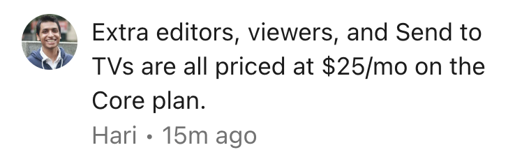 Geckoboard Extra Editors - Person's profile with text stating pricing for services.