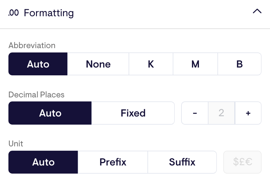 Formatting - Formatting options with abbreviation, decimal places, and unit settings.