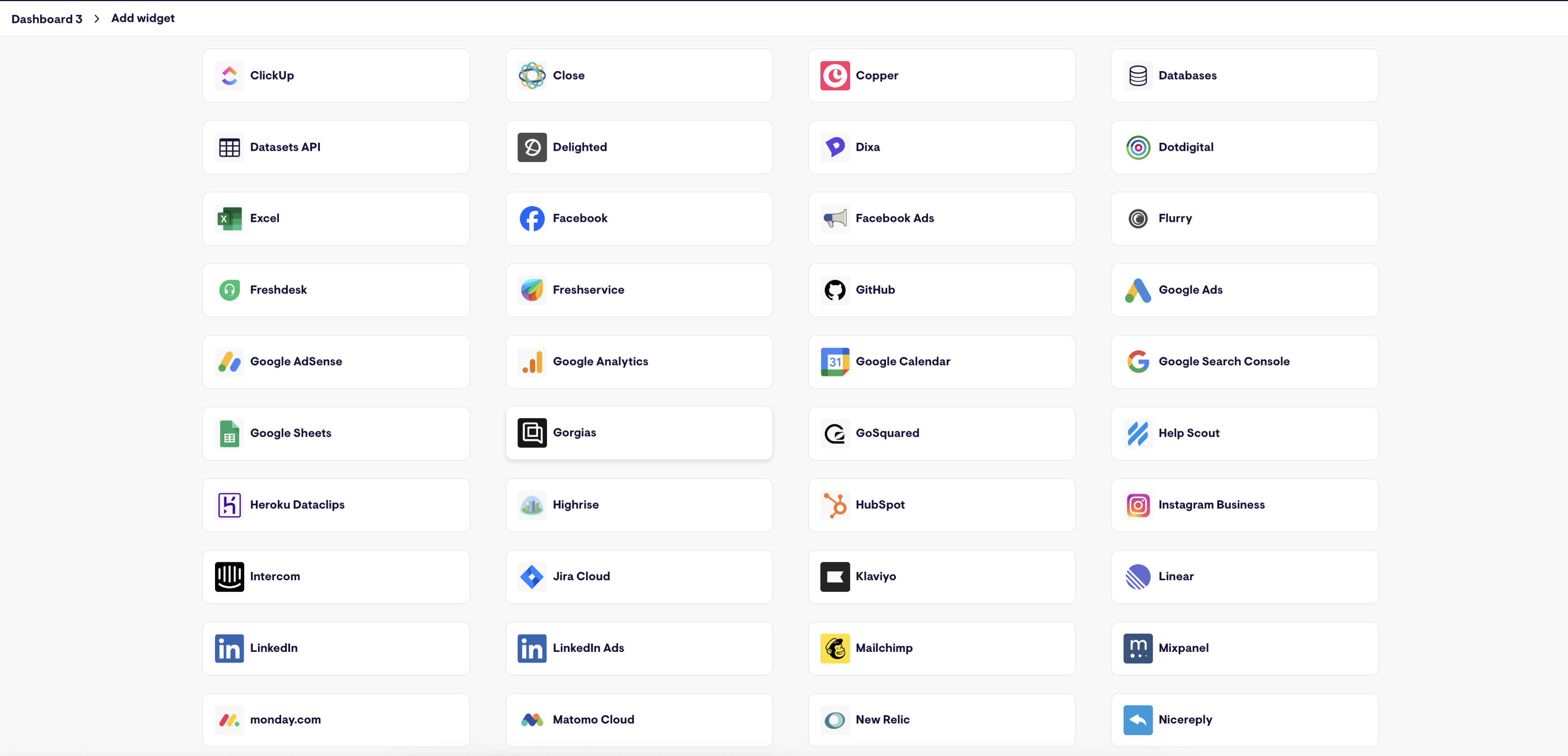 Geckoboard Integrations - Grid of app logos for integrations like Google, Facebook and LinkedIn.