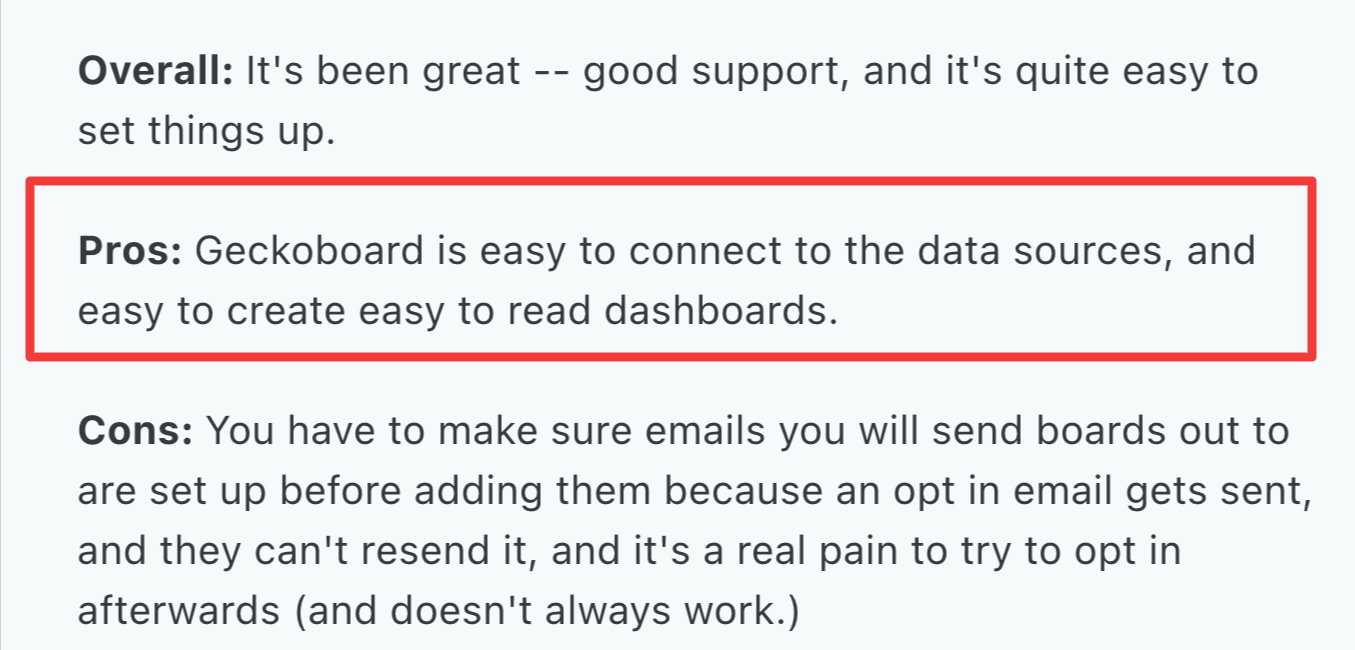 Geckoboard Reviews Comment - A list of pros and cons with the Pros section highlighted.