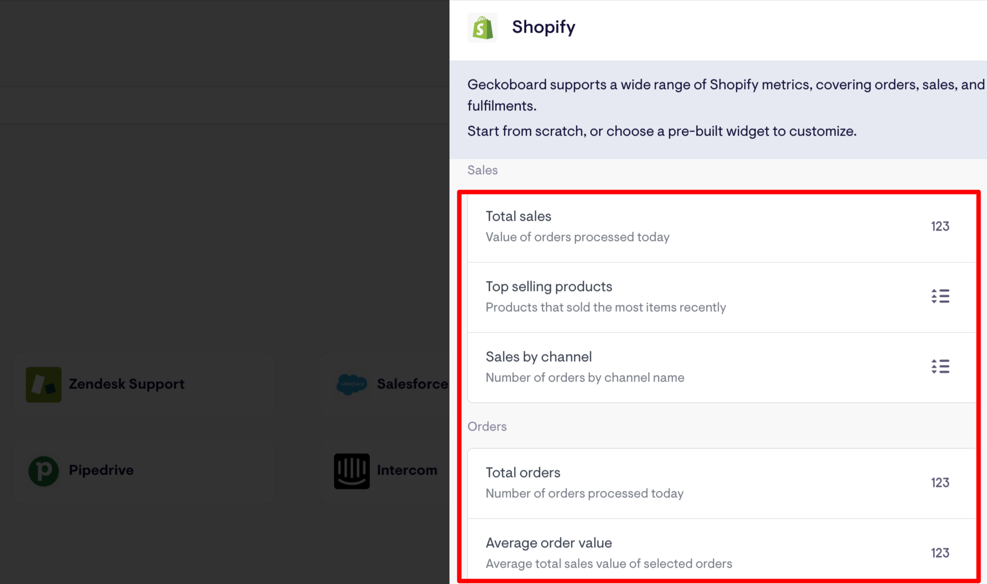 Geckoboard Shopify Metrics - Shopify app interface showing sales and orders widgets.