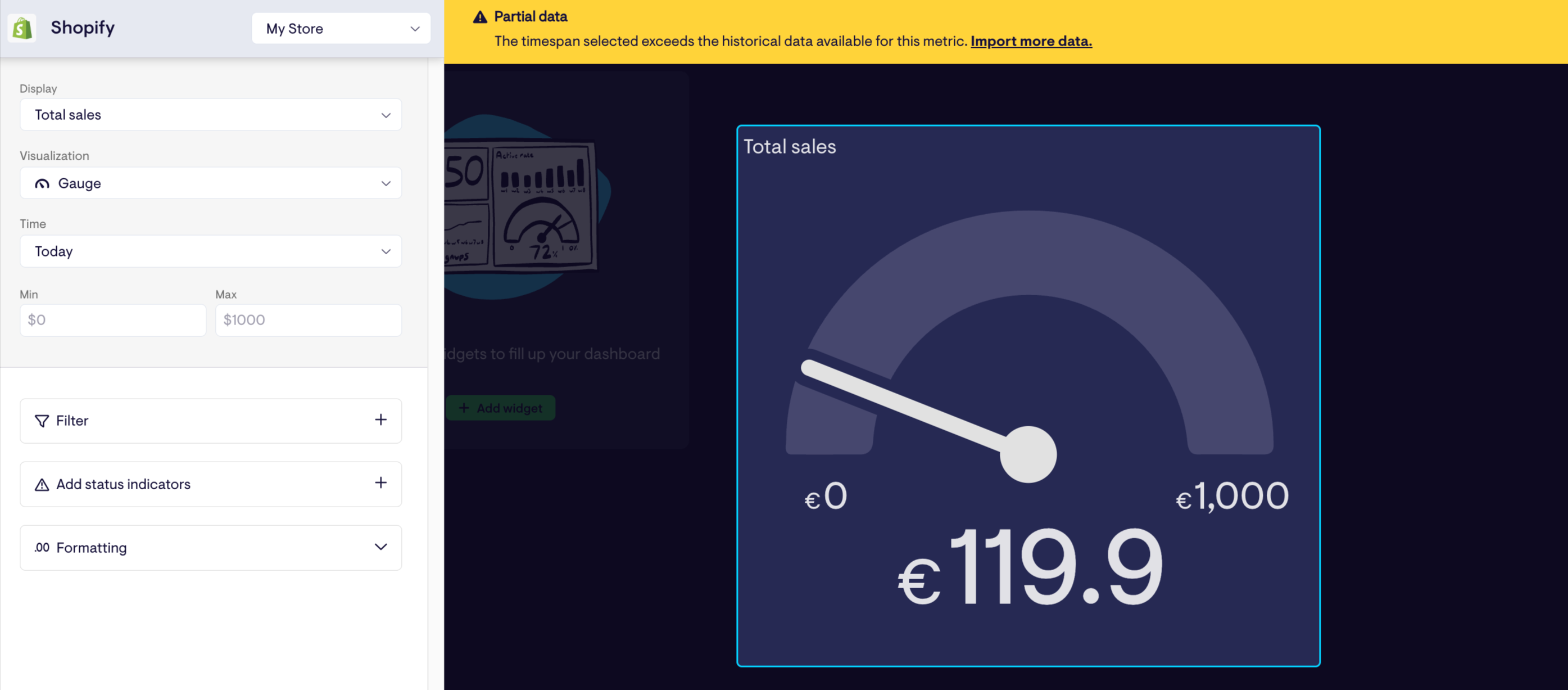 Here's the alt text for the image:

Geckoboard Widget Settings - Dashboard customization settings panel with gauge display.
