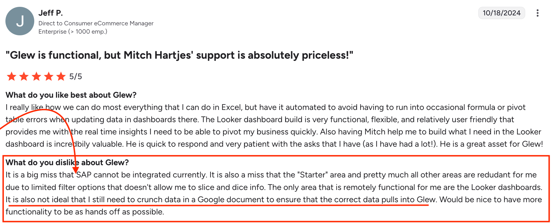 Glew Con - Online review with five-star rating and customer feedback.