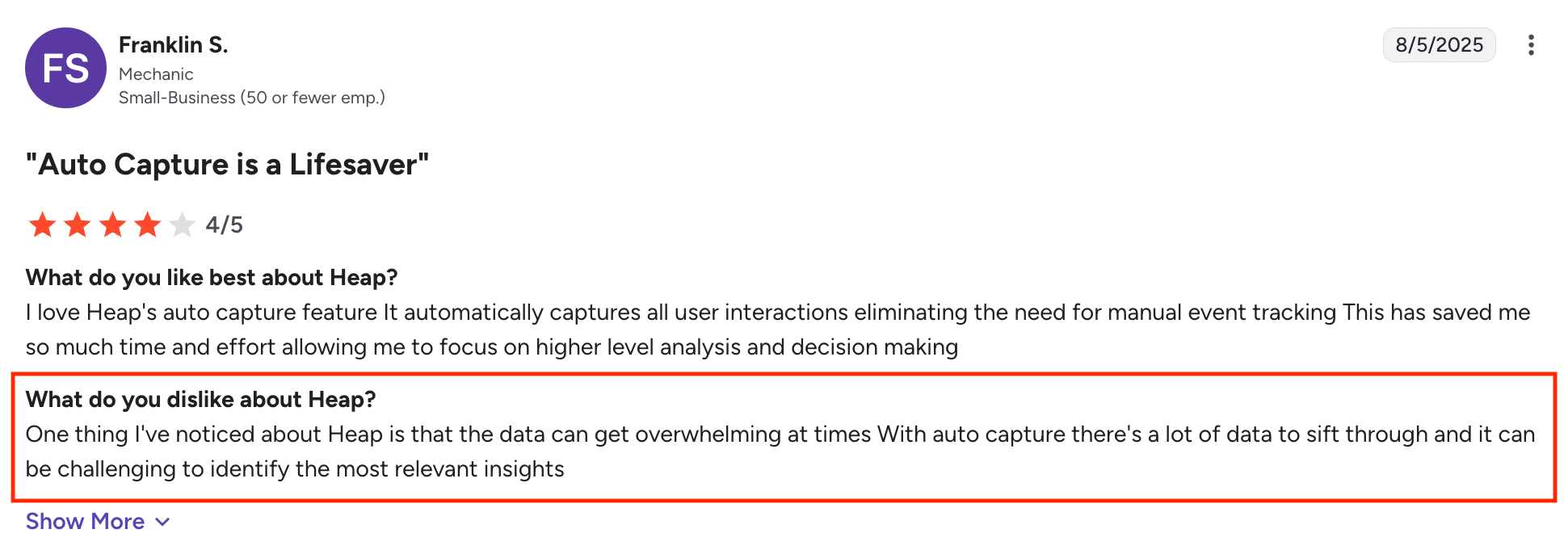 Heap Con - Customer review with a positive rating and a comment highlighted.