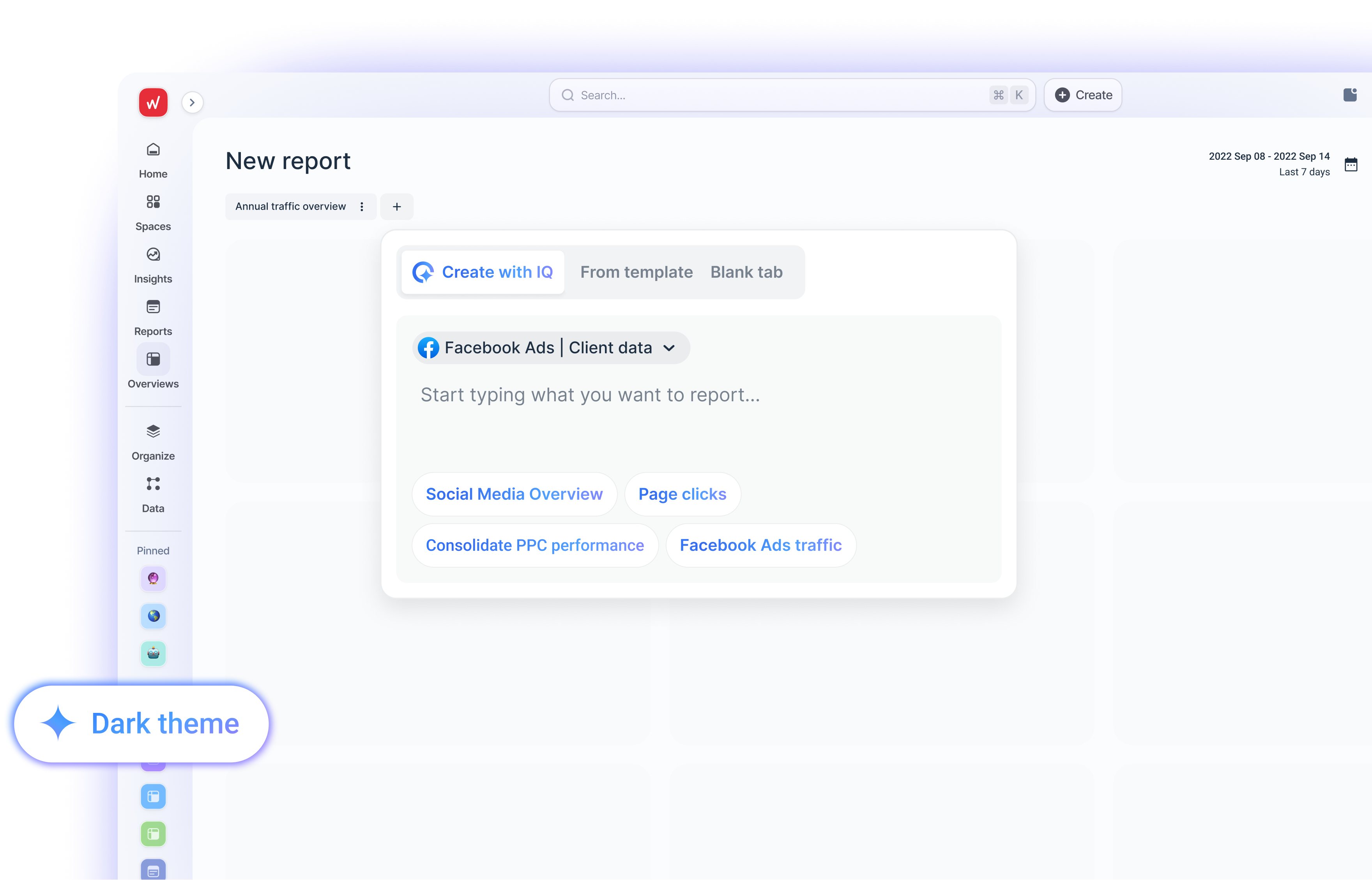 Marketing reporting software - Whatagraph - A reporting interface with a new report creation form.