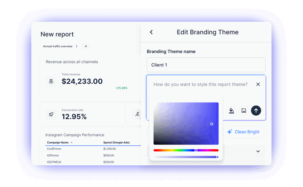 Instagram Reporting Tool - Analytics interface with branding theme customization options.