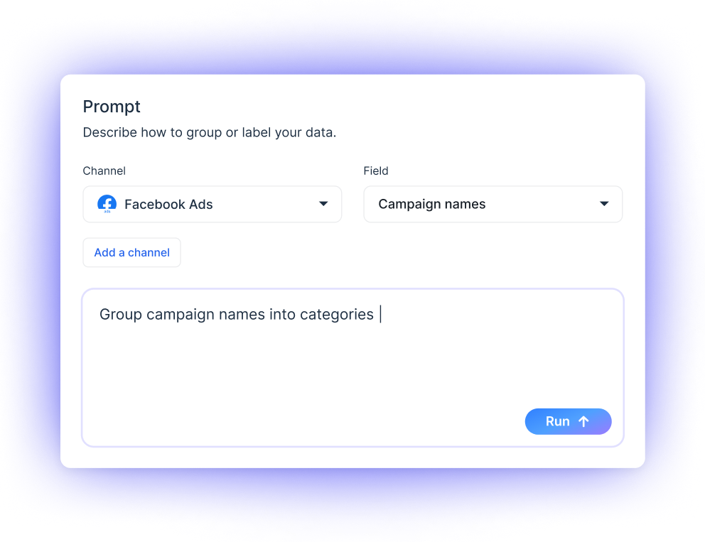 Whatagraph custom dimensions generator - Input form with fields for channel, field, and prompt instructions.