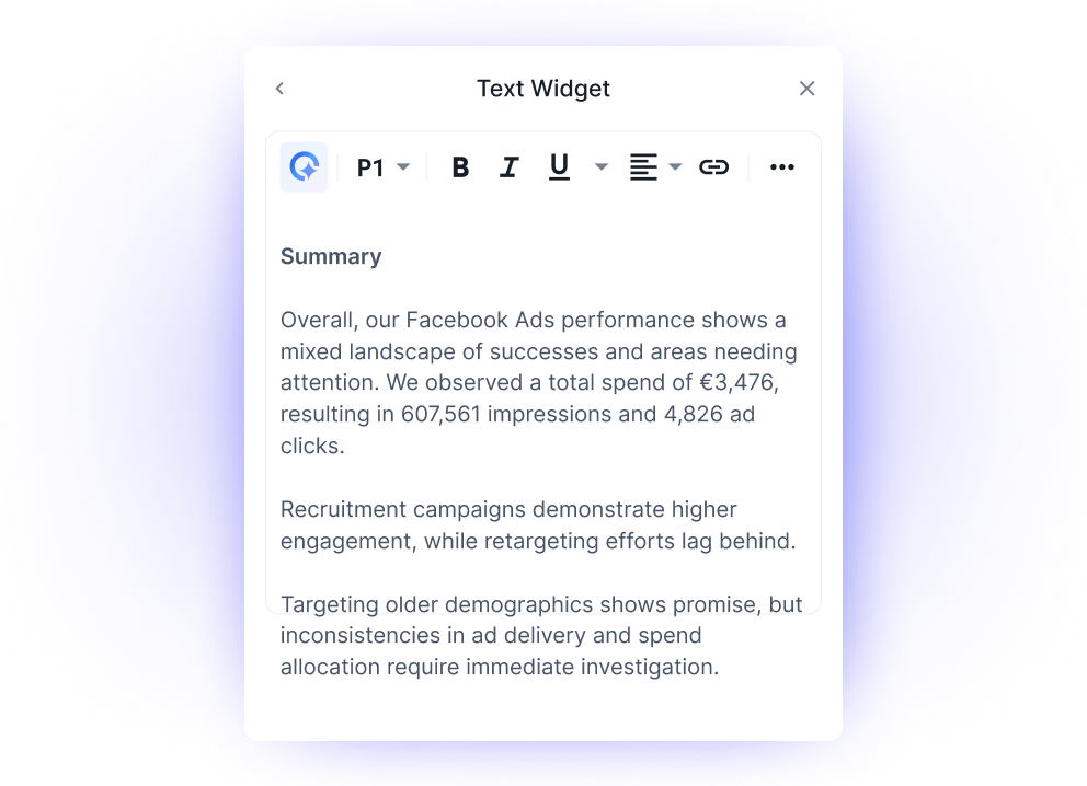 Whatagraph AI insights generator - A text widget with a summary about Facebook Ads performance.