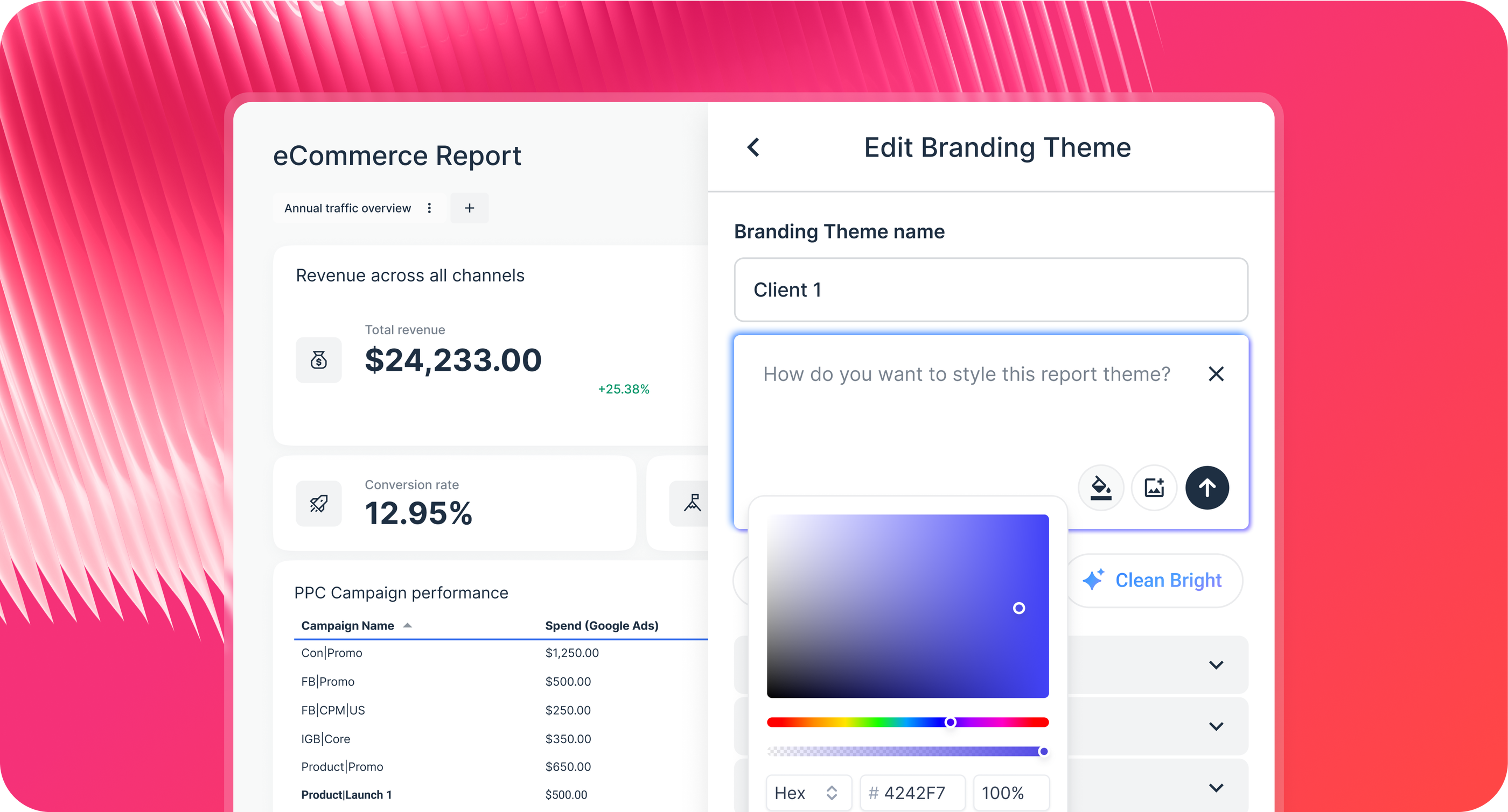 IQ Themes - Editing a branding theme in a report interface.