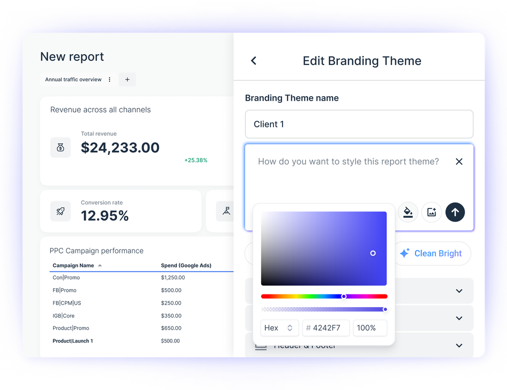 IQ Themes - A dashboard showing a new report with revenue, and an edit branding theme modal.