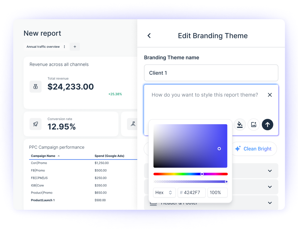 Whatagraph AI report generator - Dashboard view with a report creation interface and branding theme options.