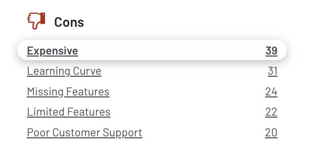 Klaviyo Main Con - List of cons includes Expensive, Learning Curve, Missing Features, etc.