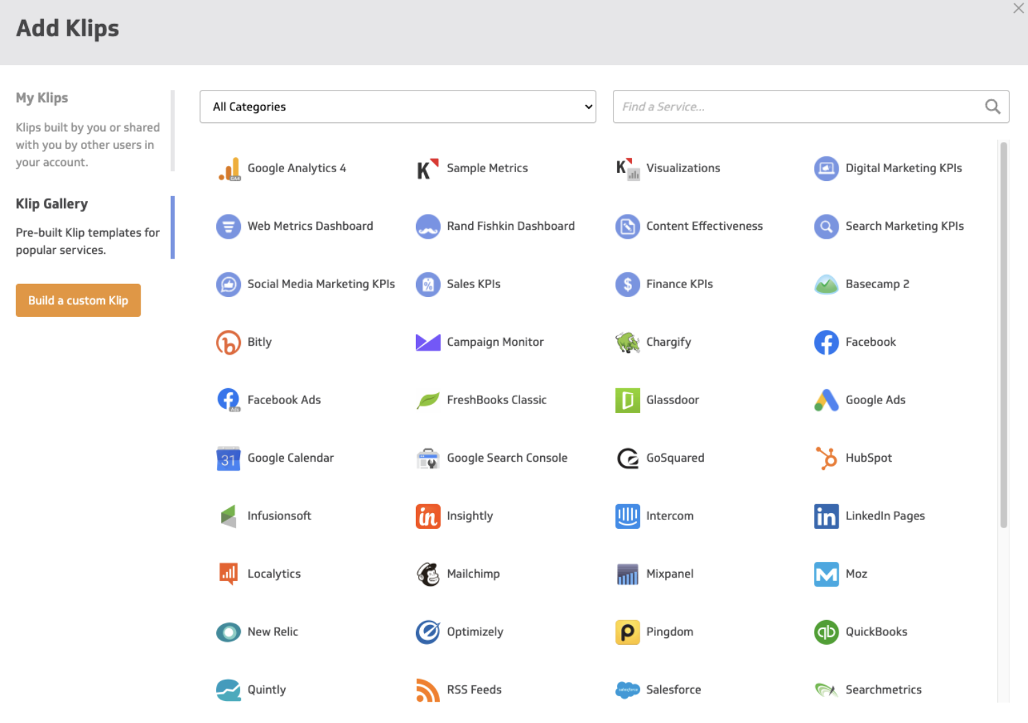 Klipfolio Add Klips Page - Screenshot of the 'Add Klips' page in Klipfolio.