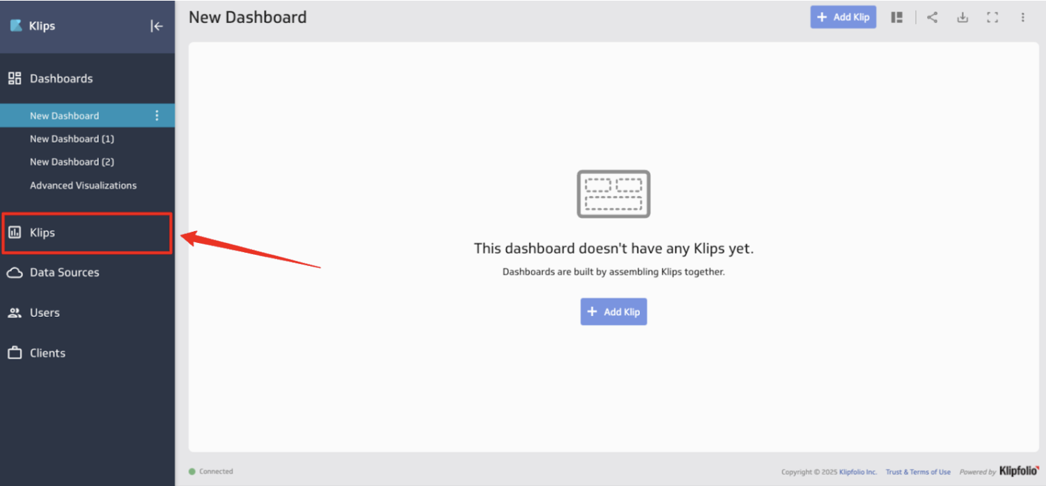 Klipfolio Admin Dashboard - Klipfolio dashboard interface with a sidebar menu and a central content area.