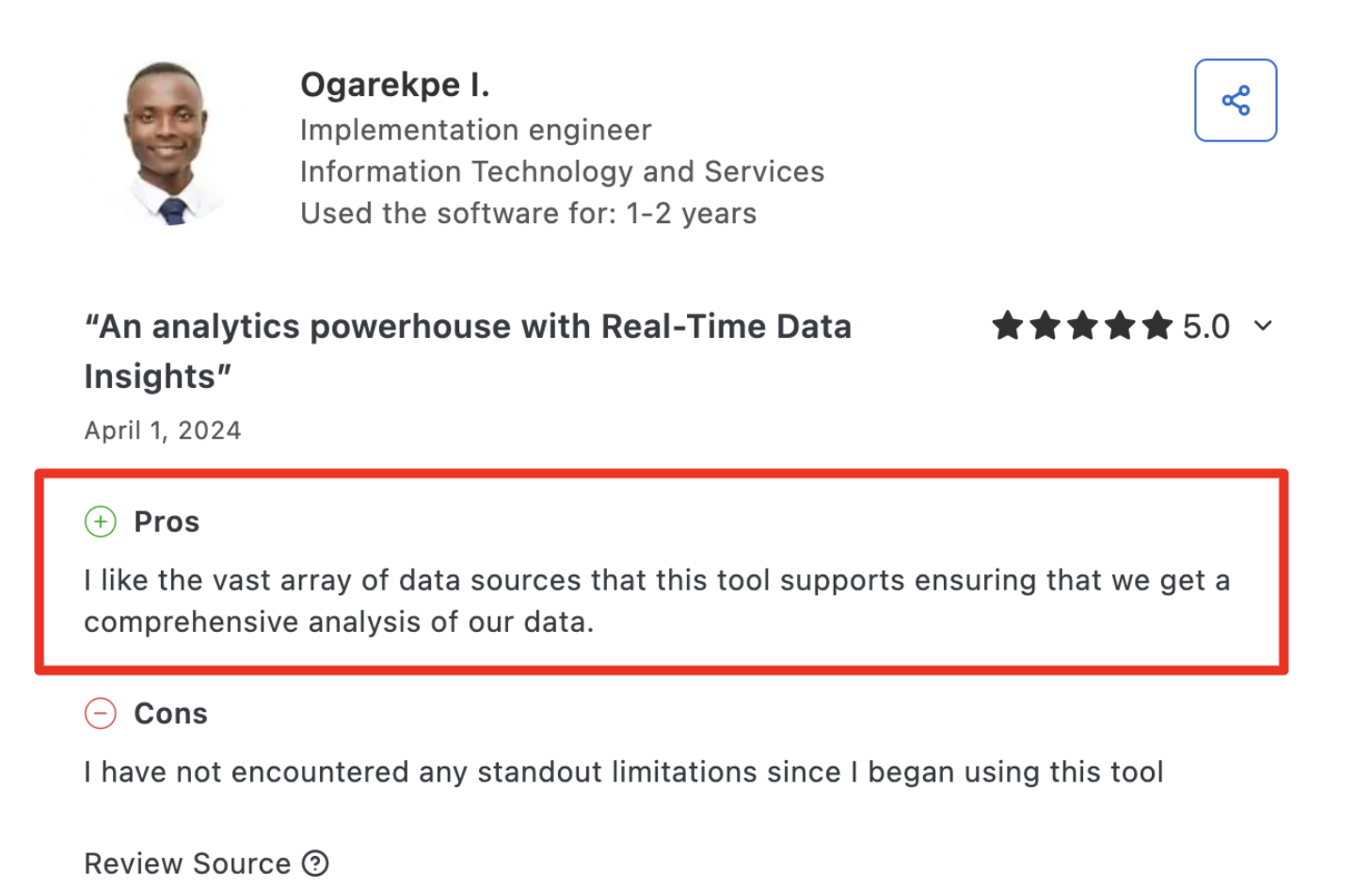 Klipfolio Comment - Reviewer praises the software's vast data sources for comprehensive analysis.